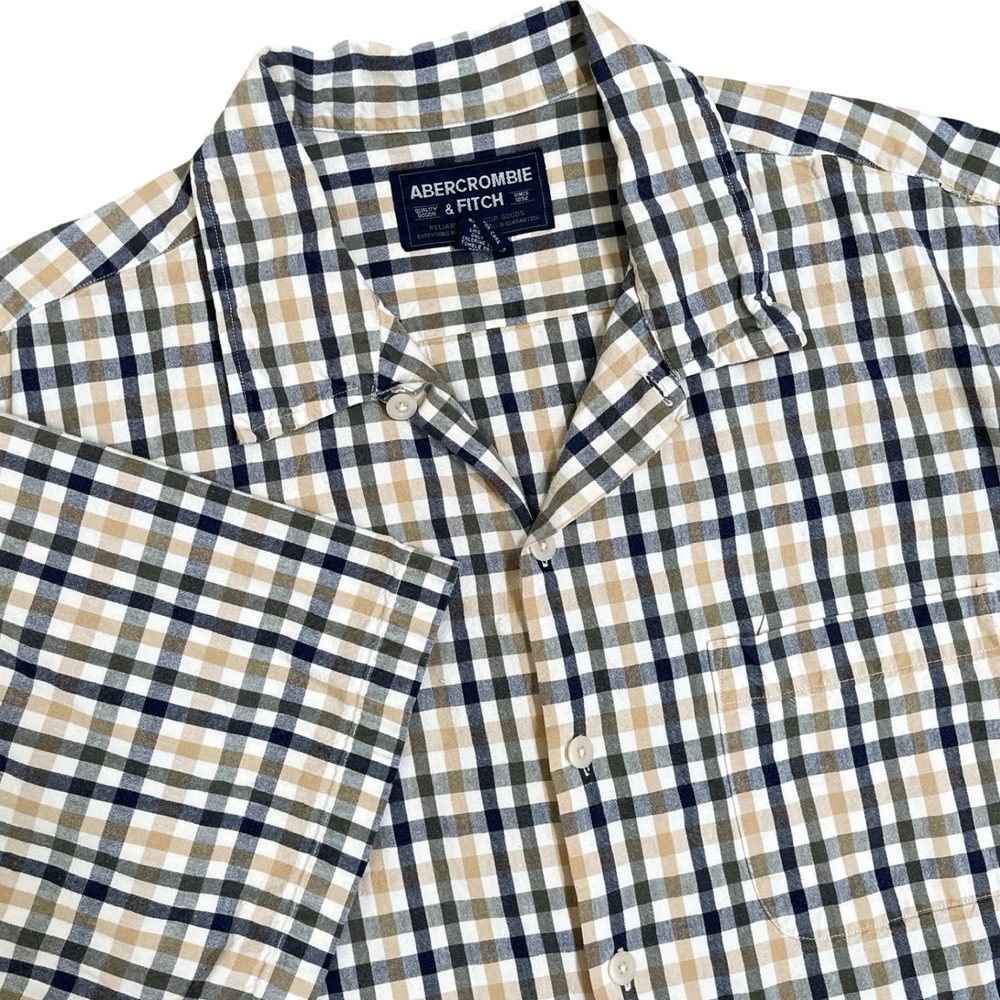 Vintage Abercrombie & Fitch Plaid Camp Shirt Men L Tan Green Short Sleeve Y2K